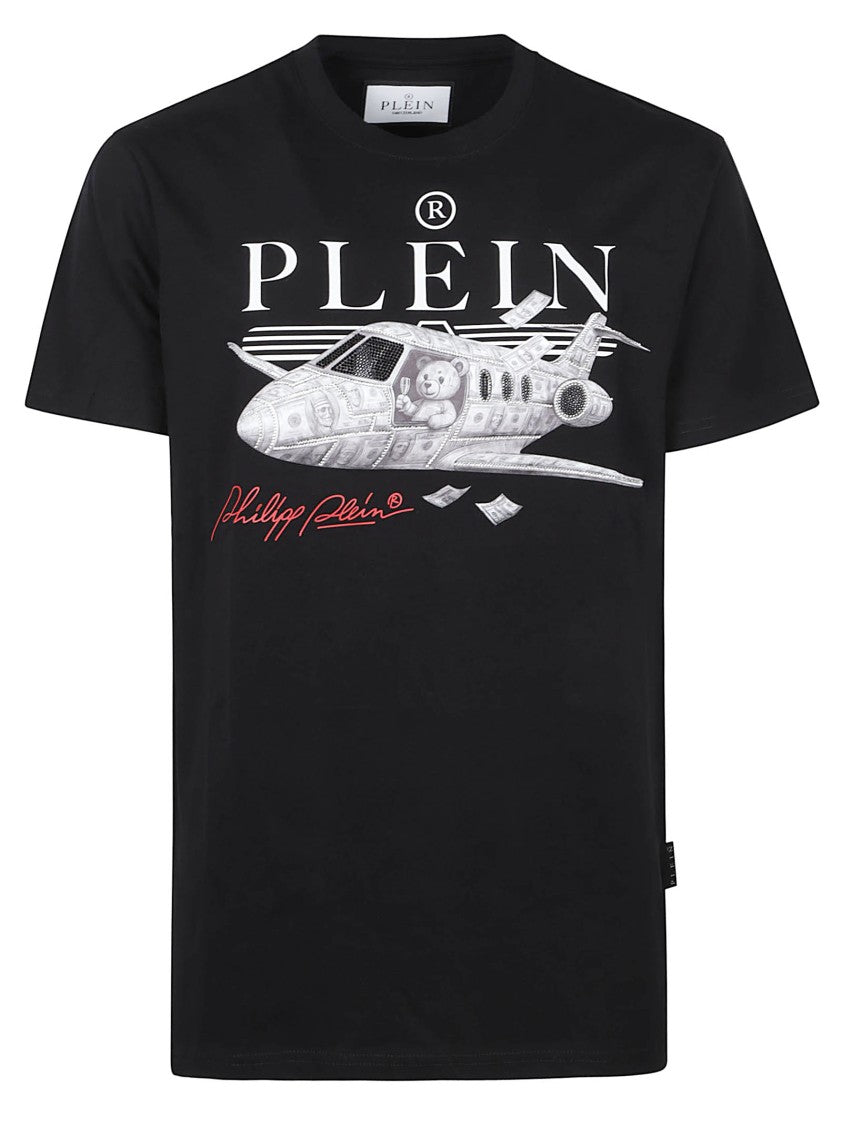 Philipp Plein Black Graphic T-Shirt With Airplane And Teddy Bear Print