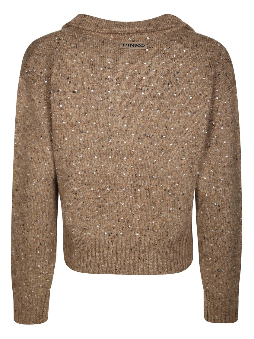 Pinko Cropped Boucle Knit Sweater With V-Neck