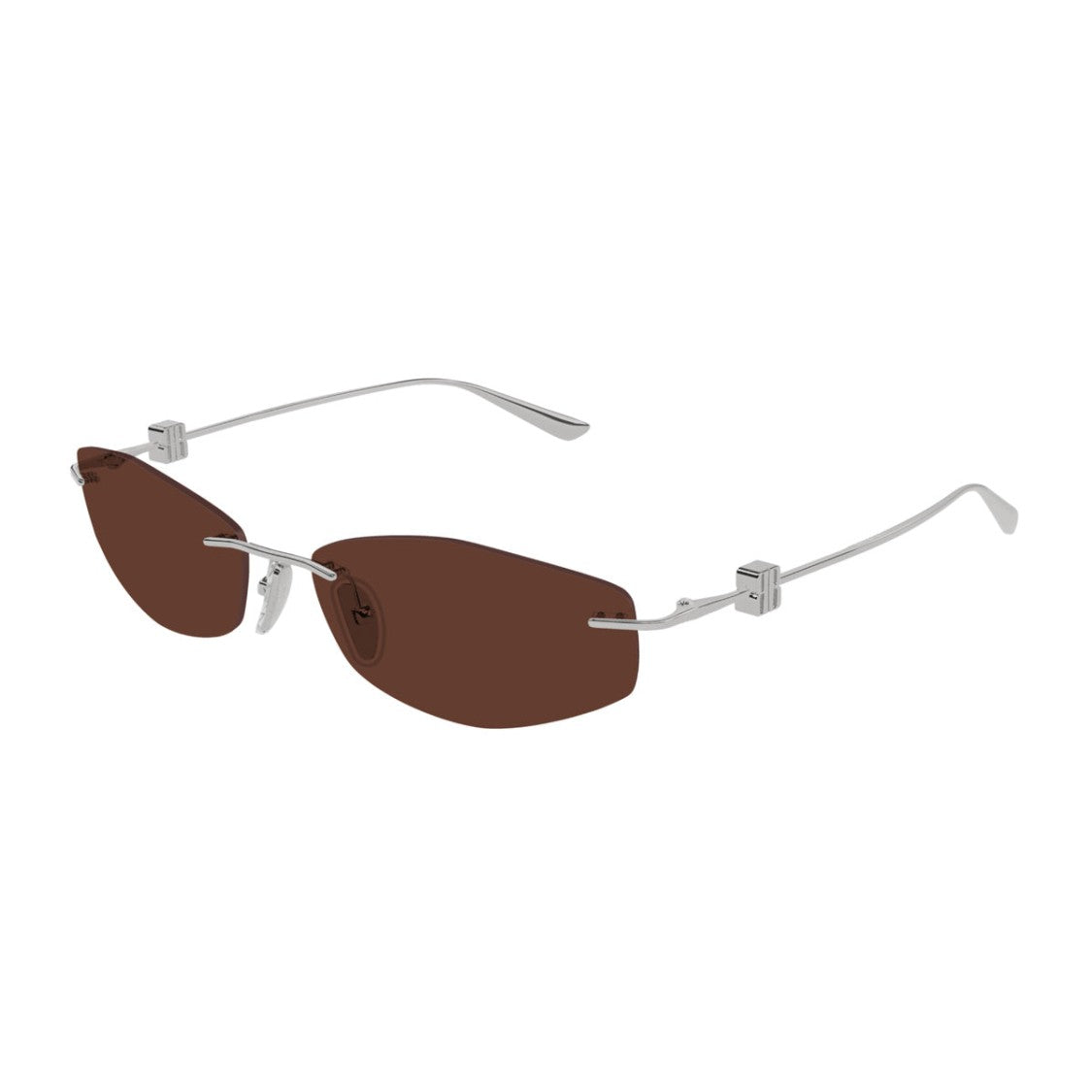 Balenciaga Ruthenium Metal Rimless Sunglasses With Geometric Brown Lenses