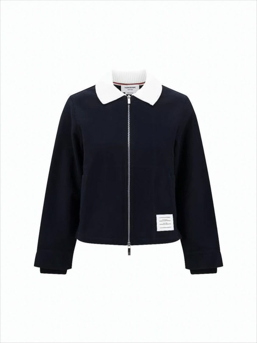 Thom Browne Cropped Blue Jacket With Contrasting White Collar And Tricolor Tab