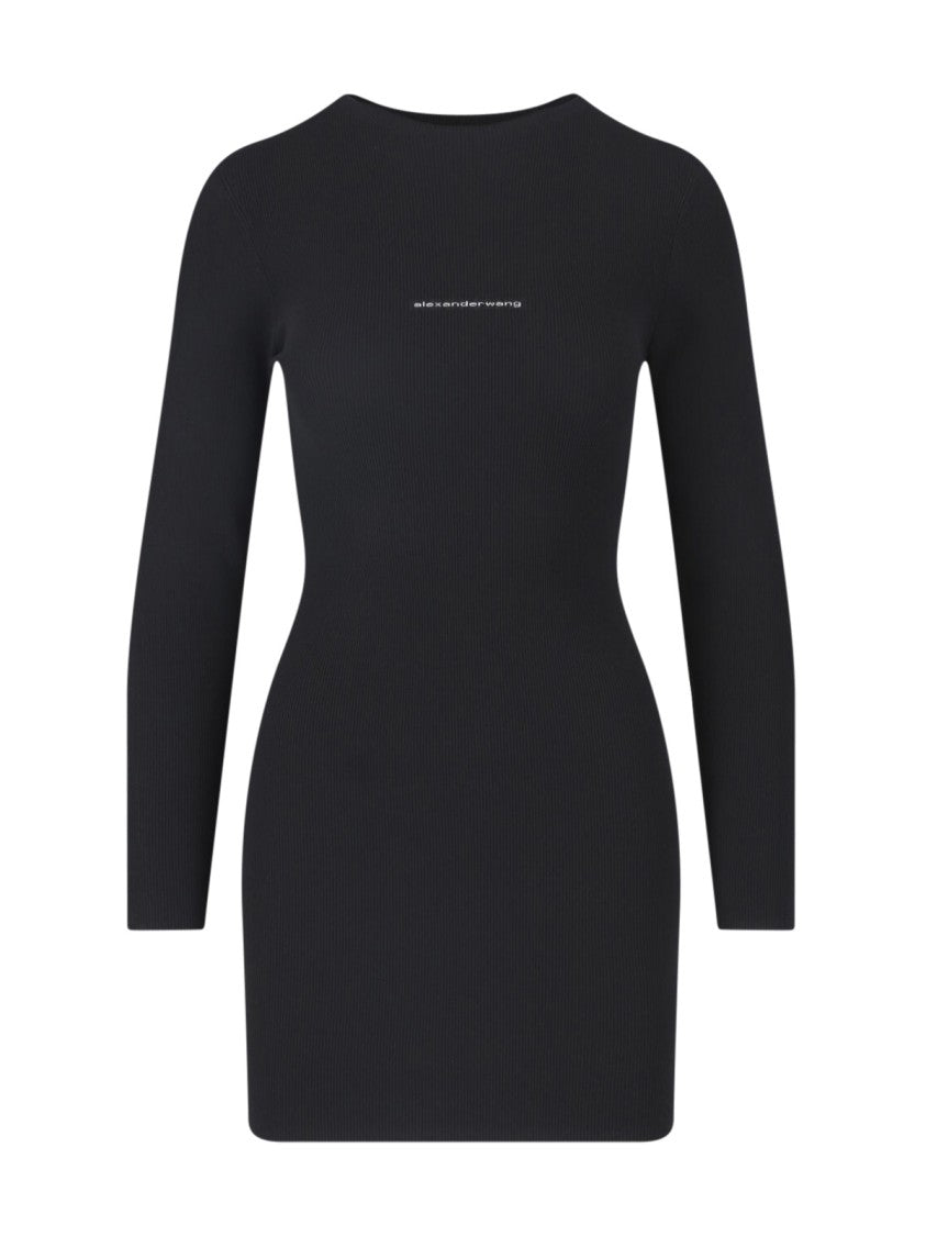 Alexander Wang Fitted Black Mini Dress With Round Neckline And Front Logo Detail