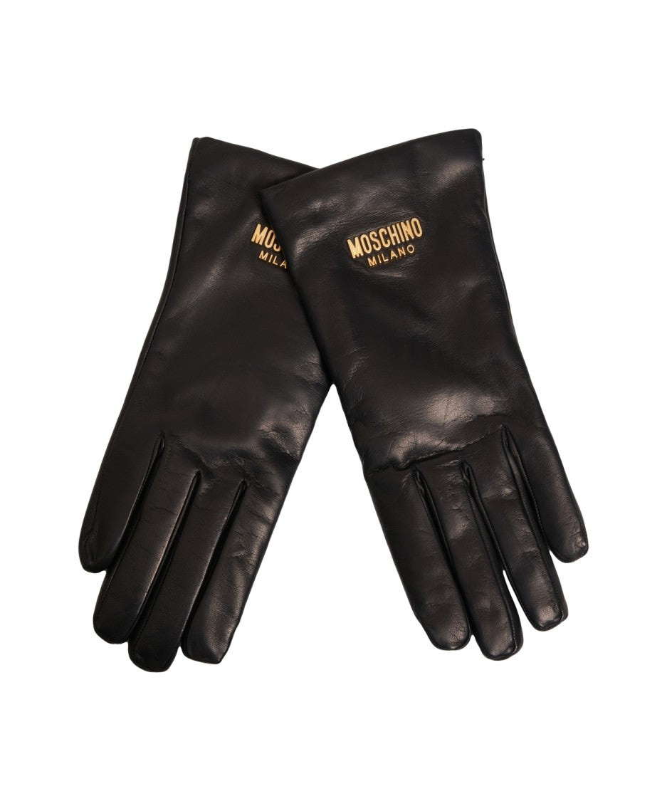 Moschino Leather Gloves With Prominent Logo Detail