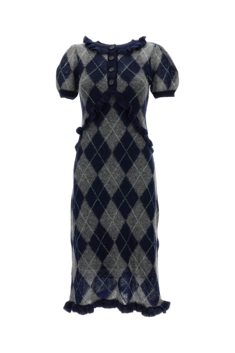 Shushu/Tong Argyle Wool-Blend Lace Trim Pleated Midi Dress