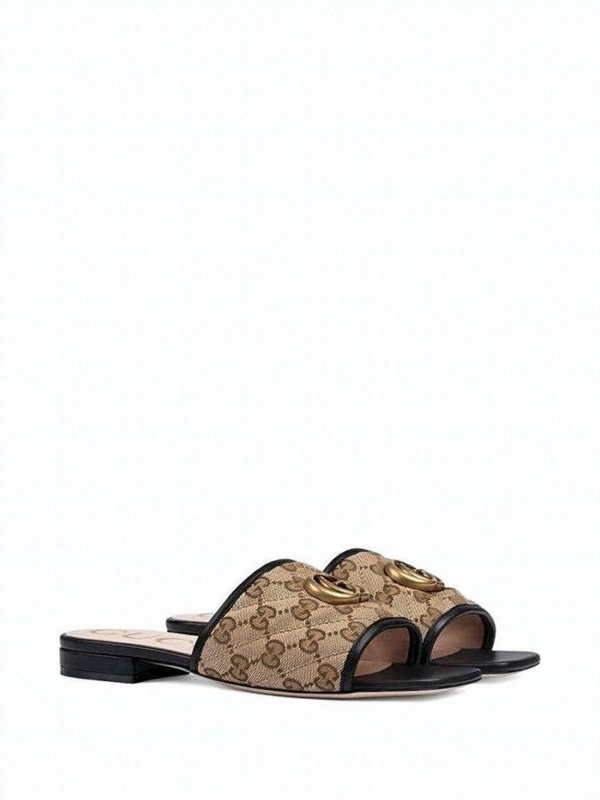 Gucci Beige Monogram Canvas Slip-On Sandals With Gold-Tone Logo