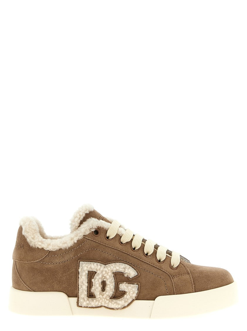 Dolce & Gabbana Suede Sneakers With Shearling Logo And Plush Lining
