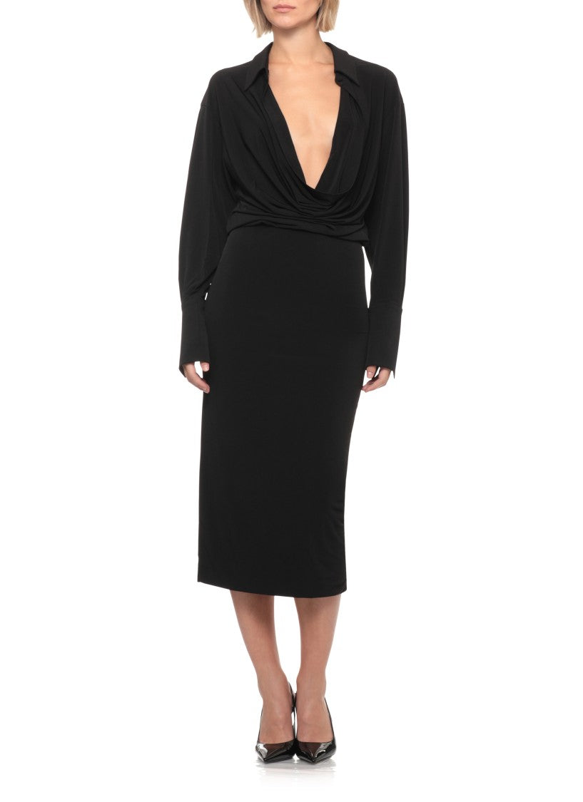 The Andamane Black High-Neck Draped Midi Dress