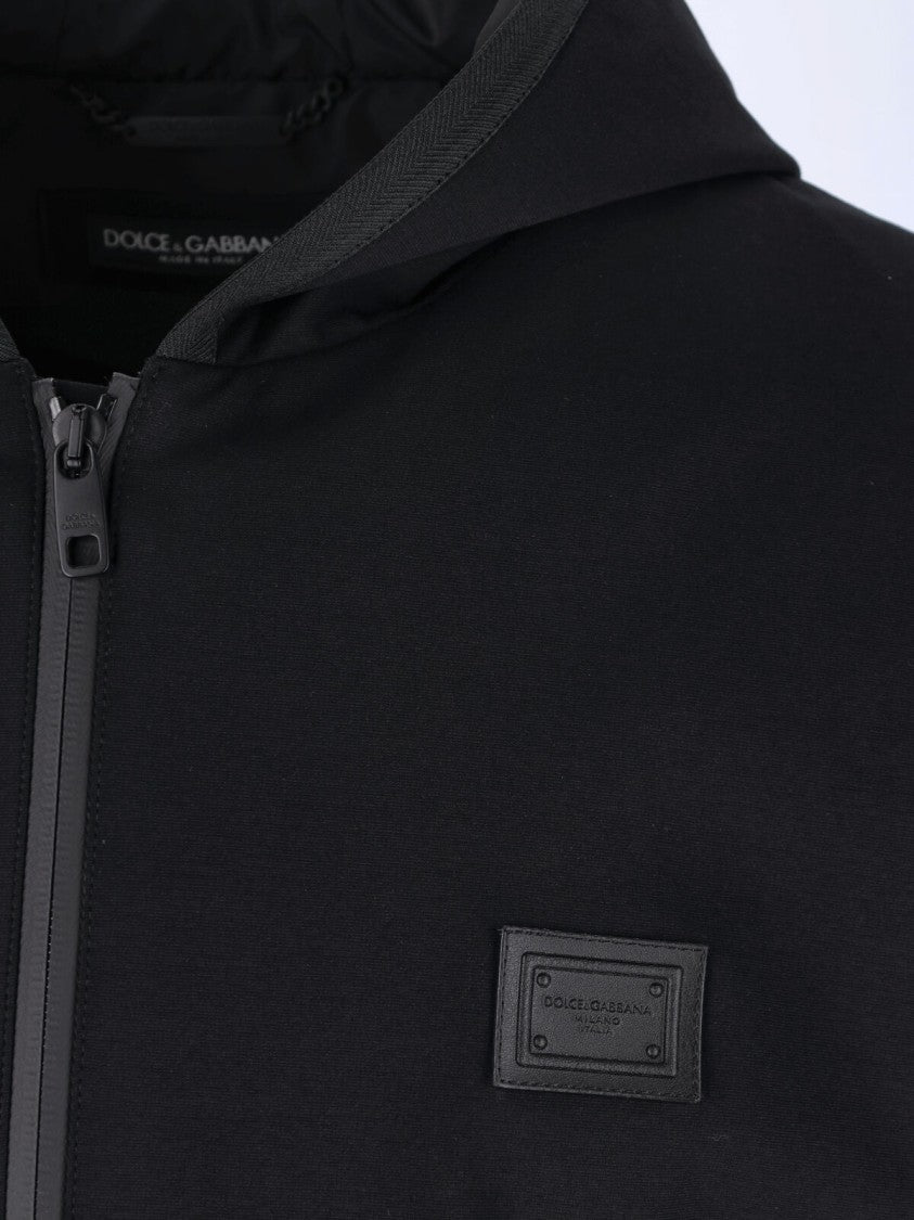 Dolce & Gabbana Hooded Black Cotton Blend Gilet With Leather Logo Patch