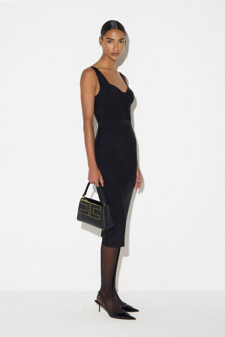 Elisabetta Franchi Black Corset Seaming Gold Logo Tag Polyamide-Blend Midi Dress