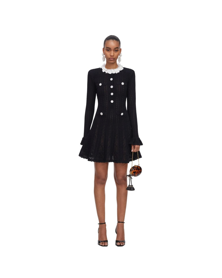 Self-Portrait Knit Jewel Button Floral Trim Mini Dress