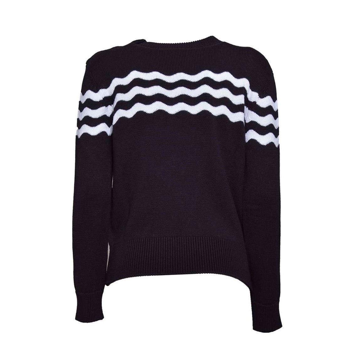 Patou Crew Neck Cotton Sweater Blue With Wave Pattern