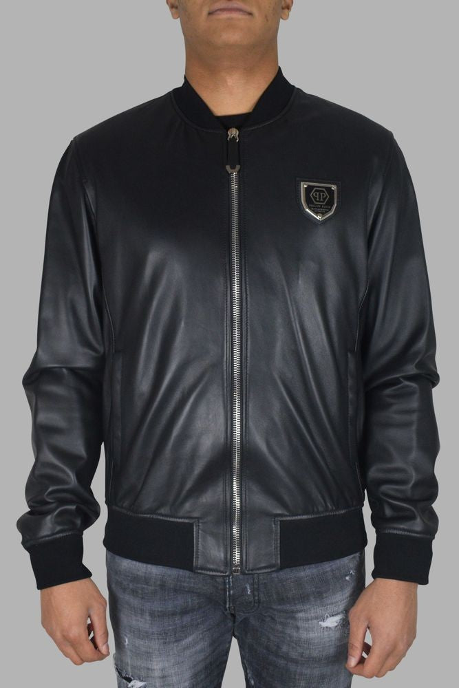 Philipp Plein Black Leather Bomber Jacket With Zip Closure