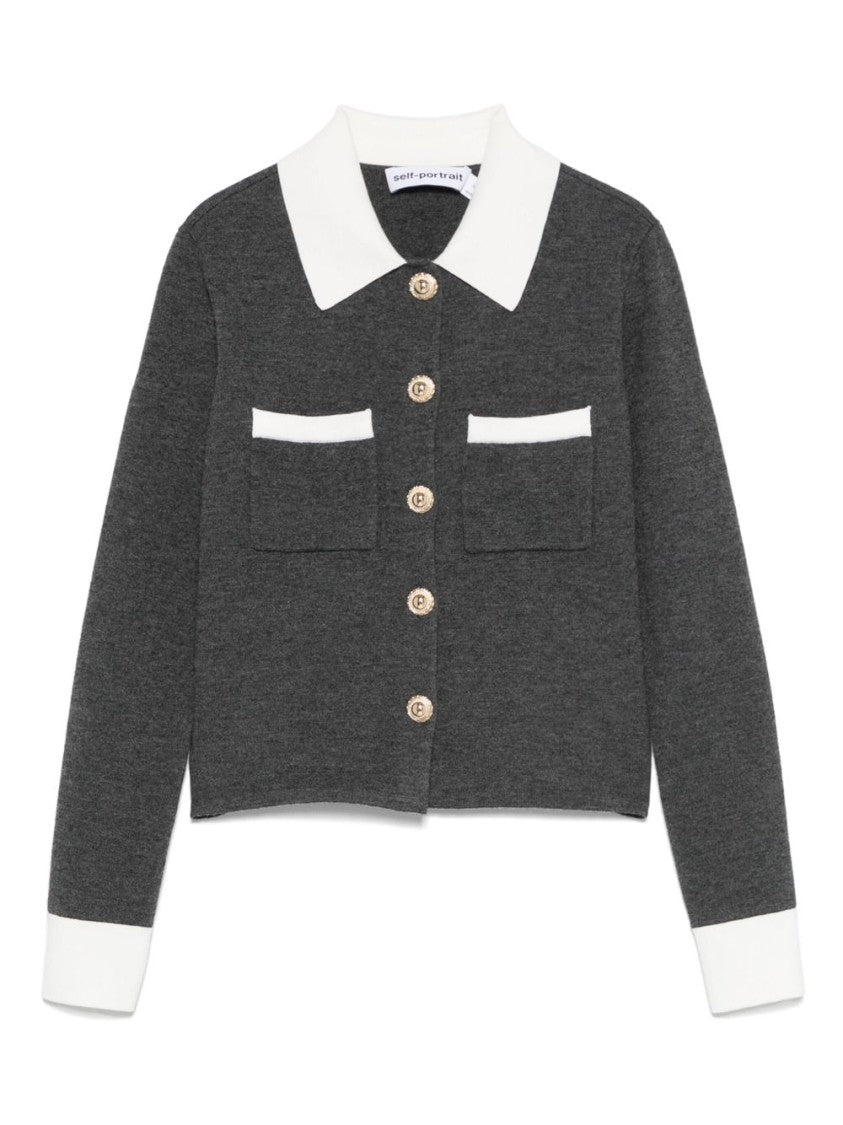 Self-Portrait Grey Cardigan With Contrasting Collar