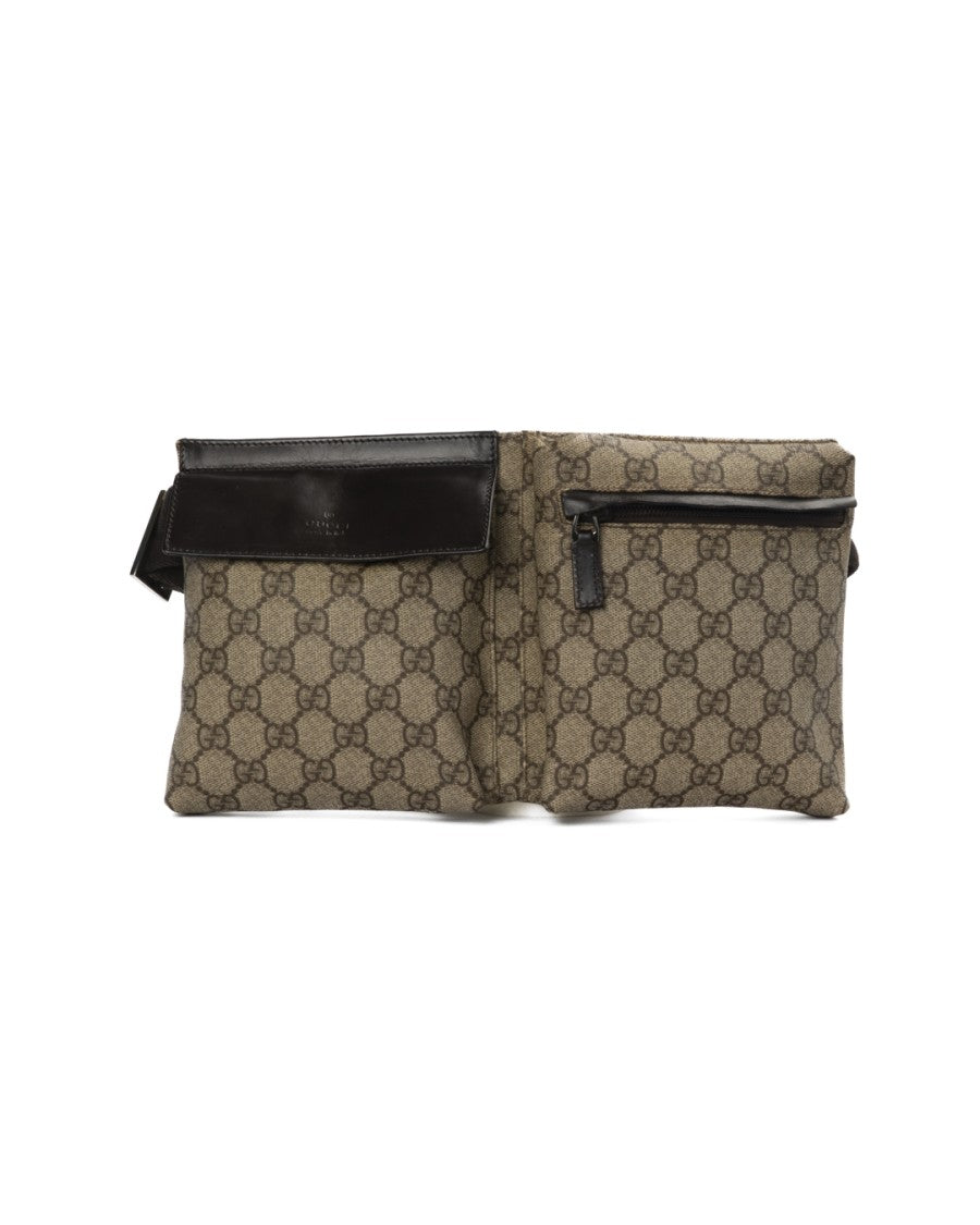 Gucci Small Gg Supreme Canvas Belt Bag With Brown Leather Accents