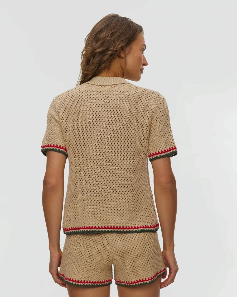 Mc2 Saint Barth Beige Open-Knit Short-Sleeve Top With Playful Embroidery