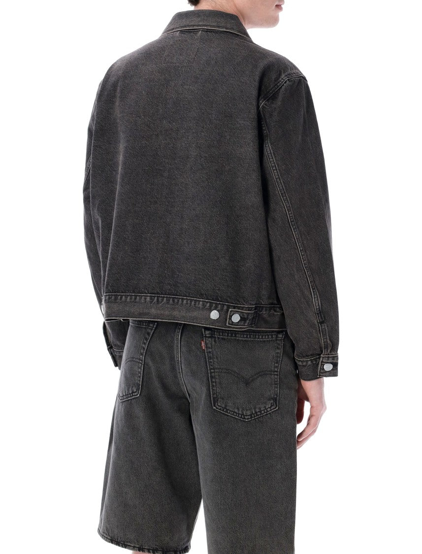 Levi's Washed Black Denim Trucker Jacket With Flap Pockets And Classic Fit