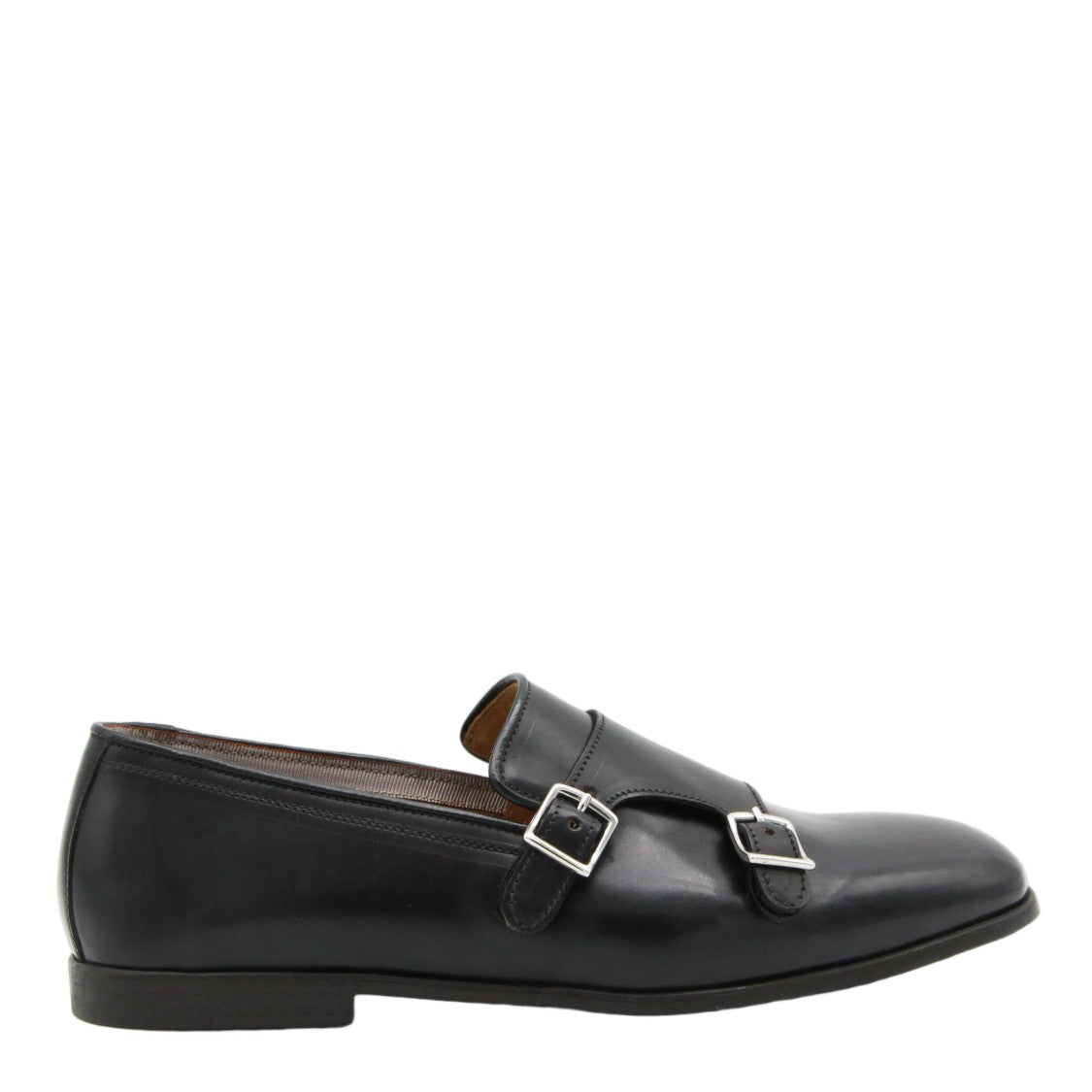 Mille885 Polished Black Leather Monk Strap Flat Shoes