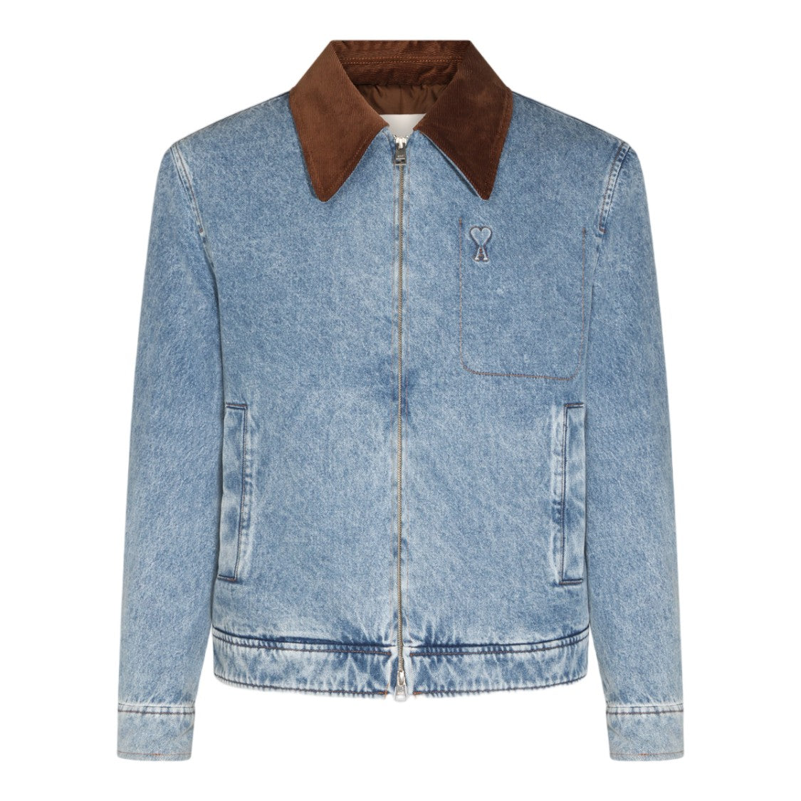 Ami Paris Light Blue Denim Jacket With Corduroy Collar
