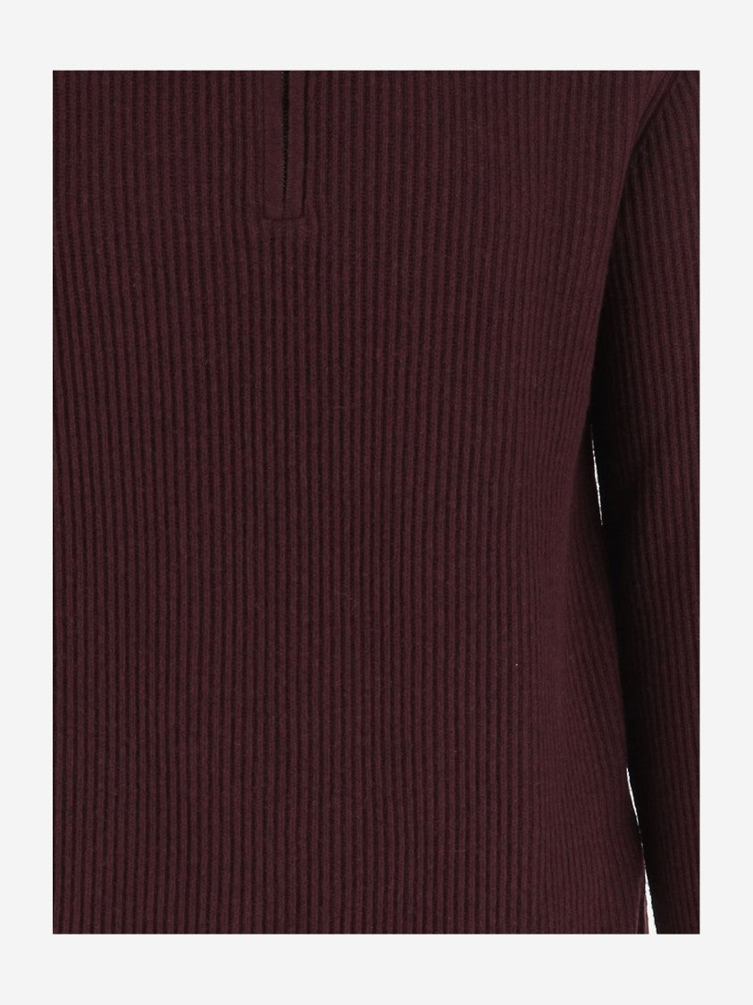 Woolrich Bordeaux Wool Blend Sweater With Front Zipper And Rib Knitting