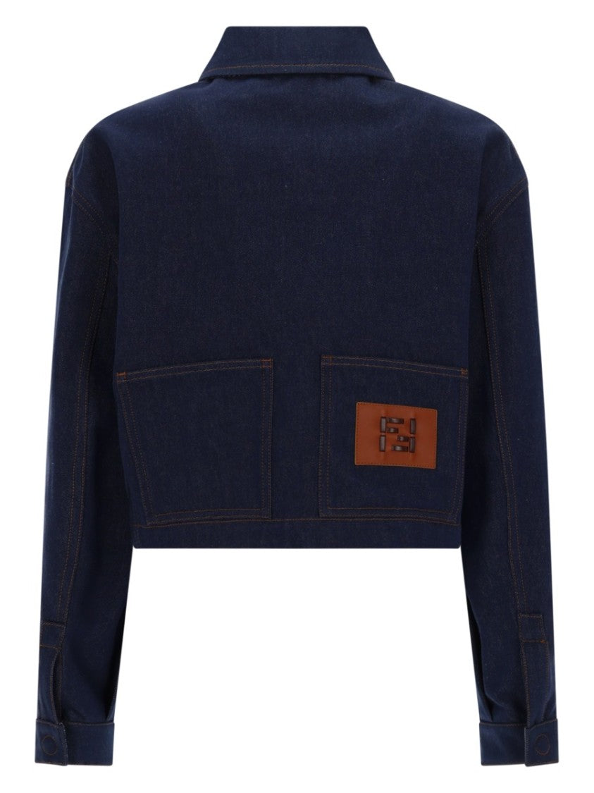 Fendi Cropped Denim Jacket With Embroidered Logo And Classic Detailing