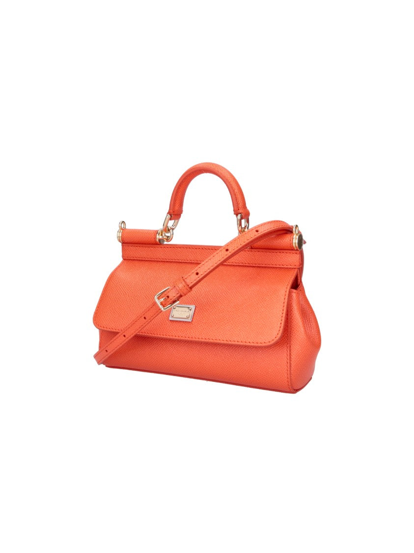 Dolce & Gabbana Mini Structured Handbag In Textured Orange Calf Leather