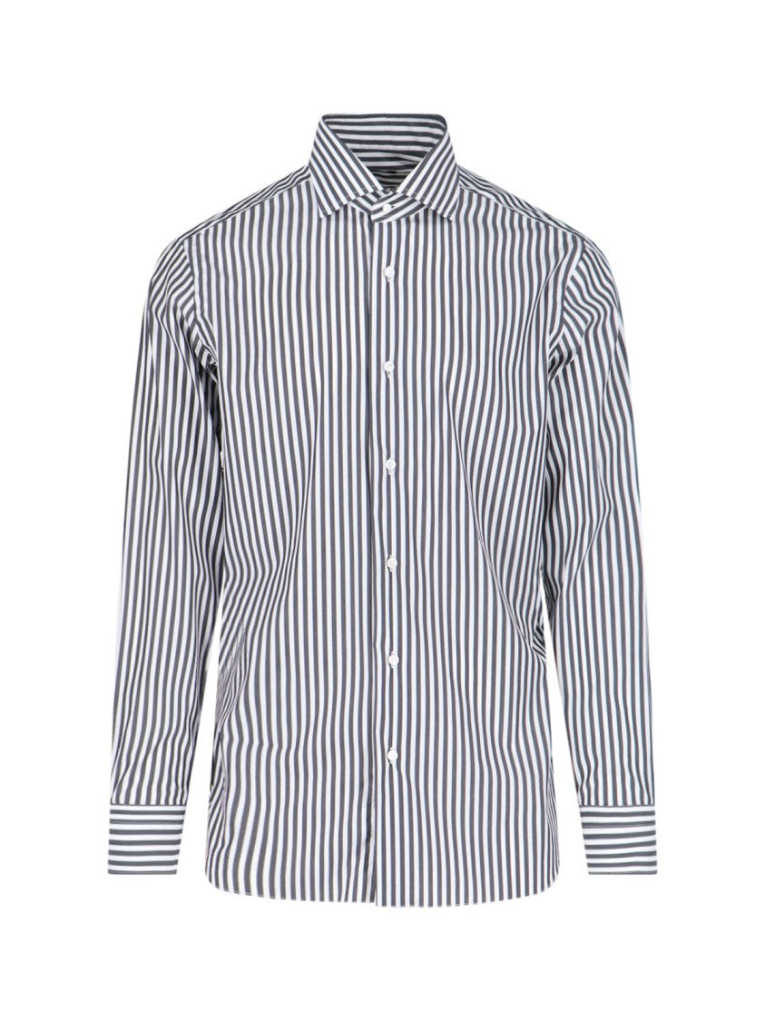 Barba Napoli "Classica" Striped Shirt In Grey Stretch Cotton Blend