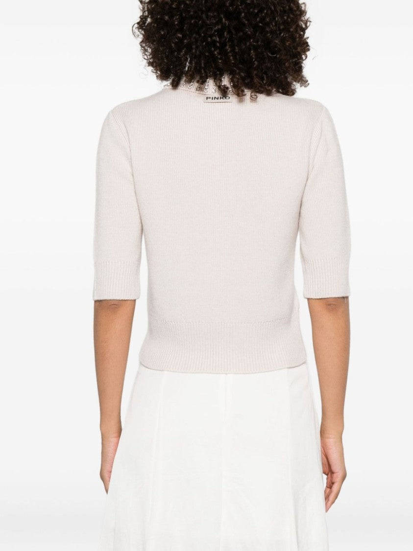 Pinko Cropped Knit Sweater With Embellished Collar