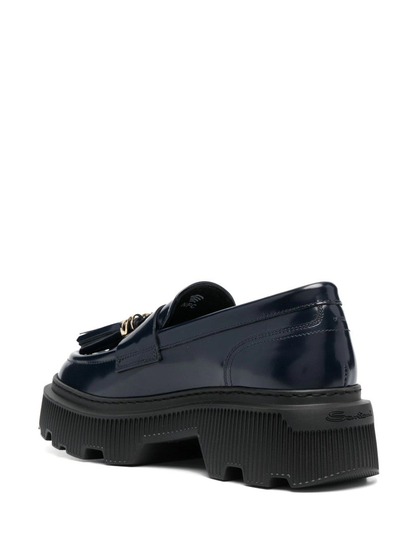 Santoni Tassel Detail Closed Blue Loafers