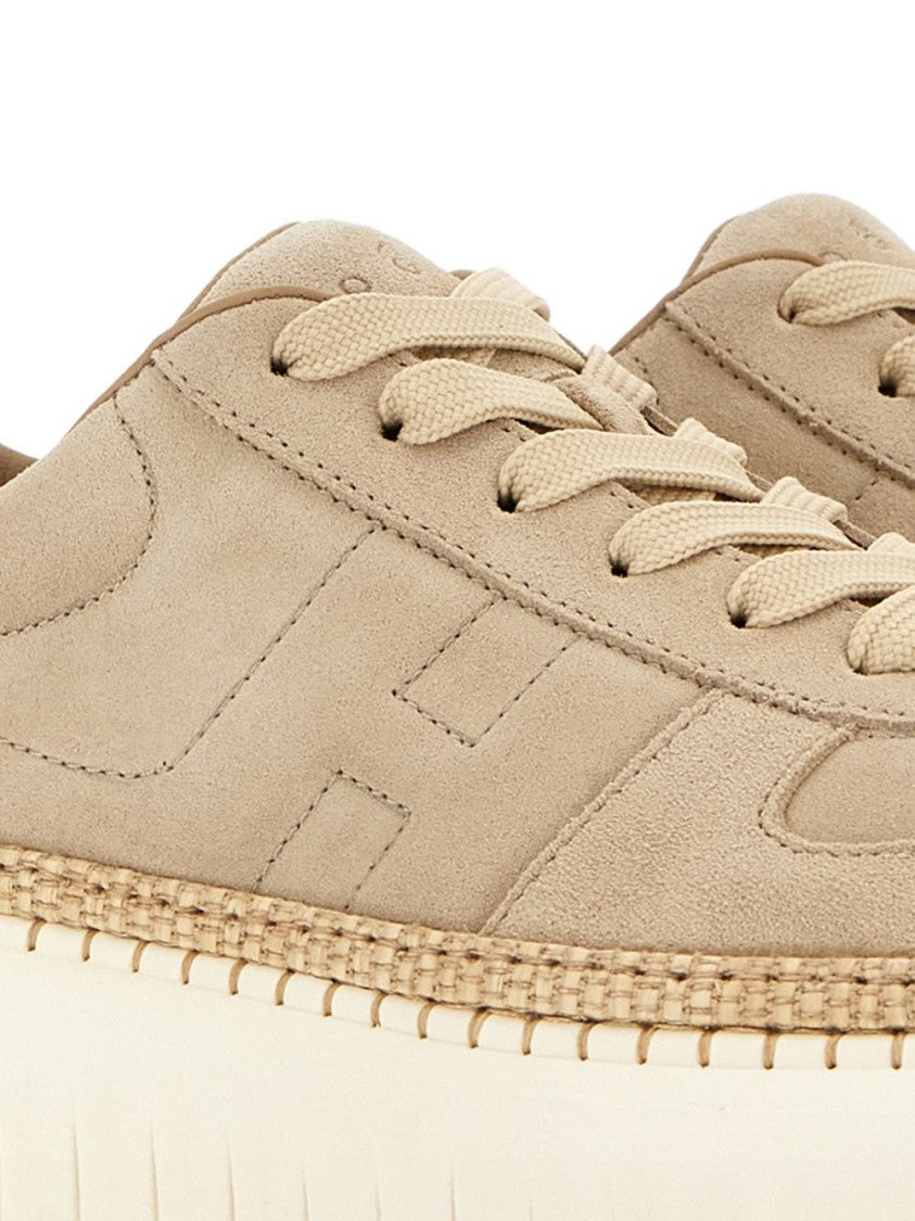 Hogan Beige Suede Sneakers With Thick Ridged Sole And Woven Trim