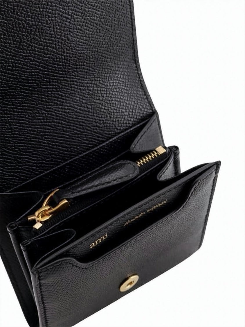 Ami Compact Textured Cowhide Leather Wallet With Gold Emblem