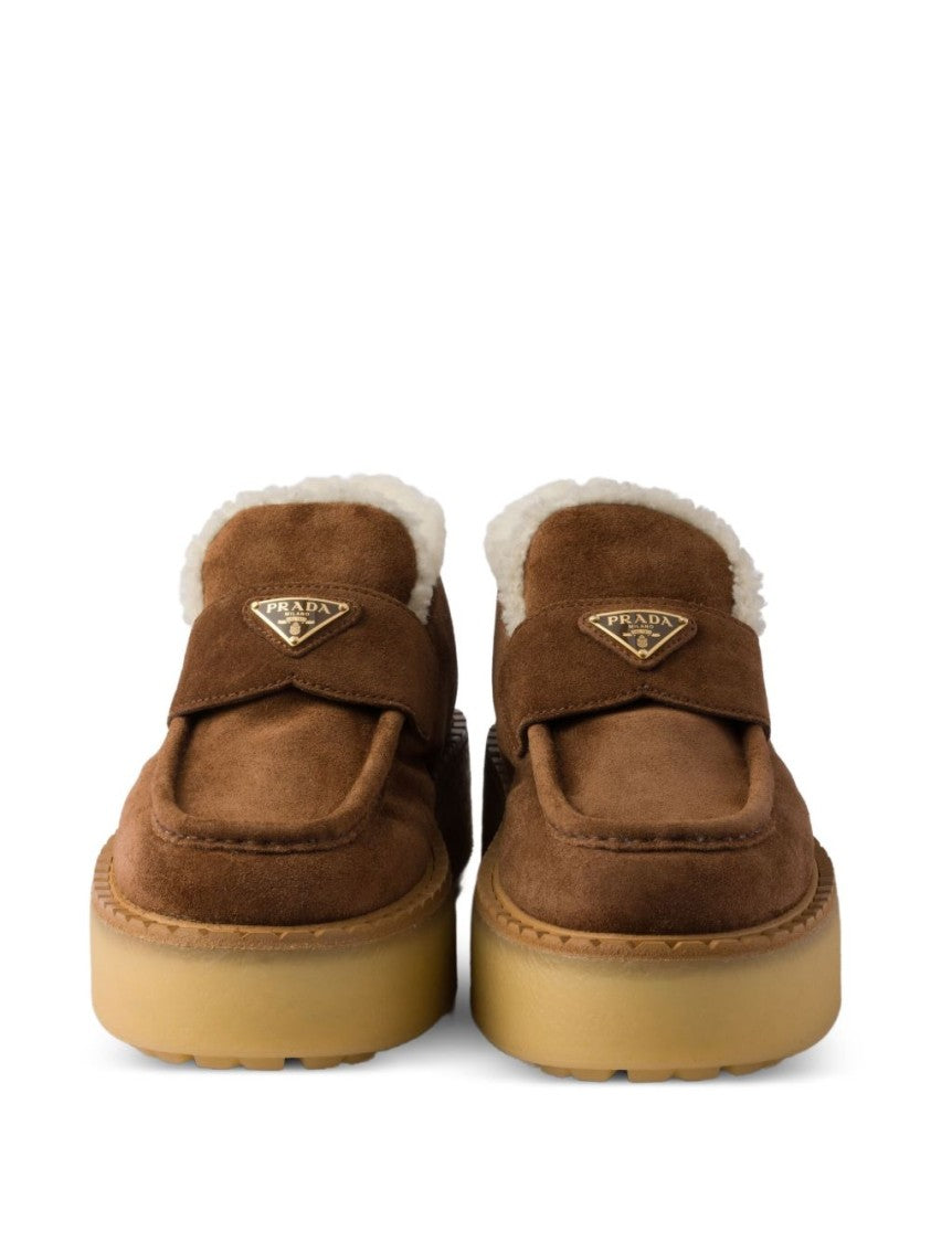 Prada Black Tray-Style Suede Shearling Loafers