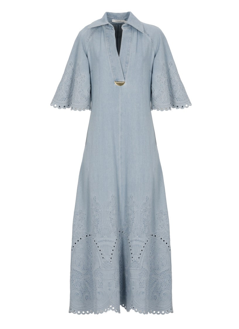Zimmermann Light Blue Denim Midi Dress With Embroidered Details