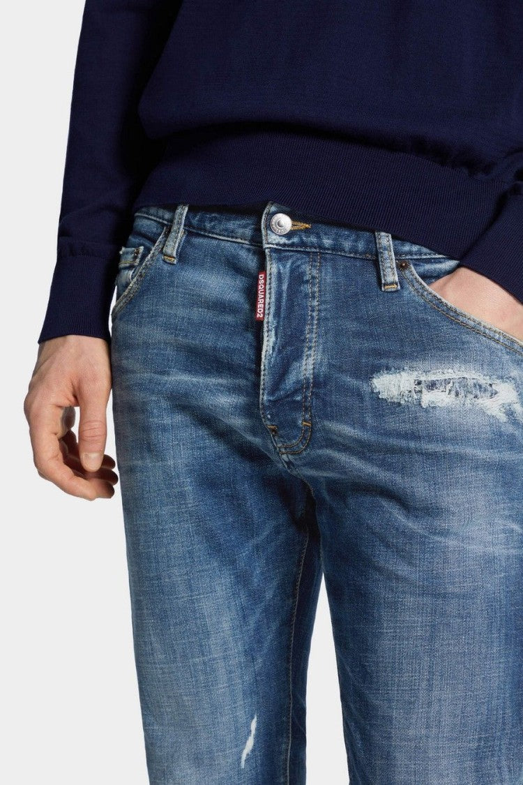 Dsquared2 Blue Whiskered Distressed Cotton-Blend Slim-Fit Jeans