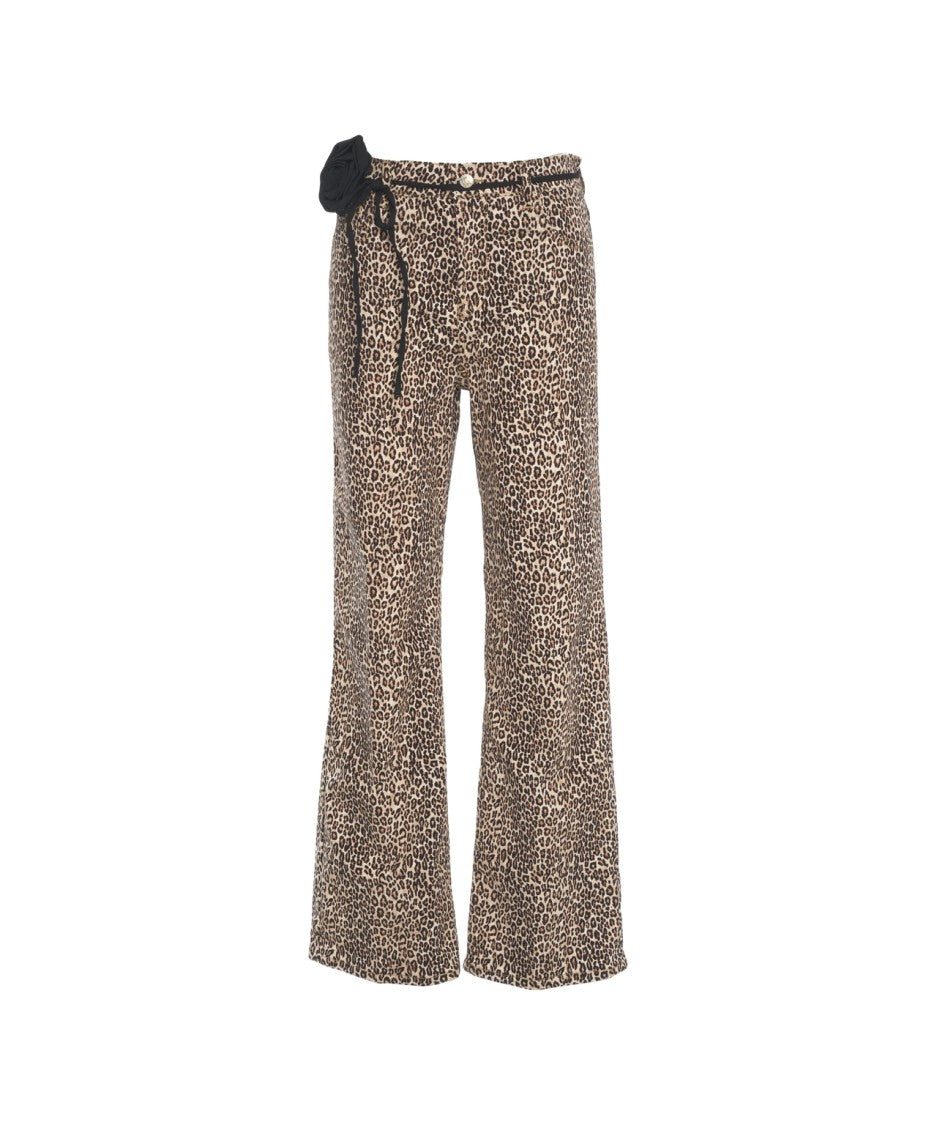 Liu Jo Brown Animal Print Wide-Leg Trousers With Drawstring Waistband