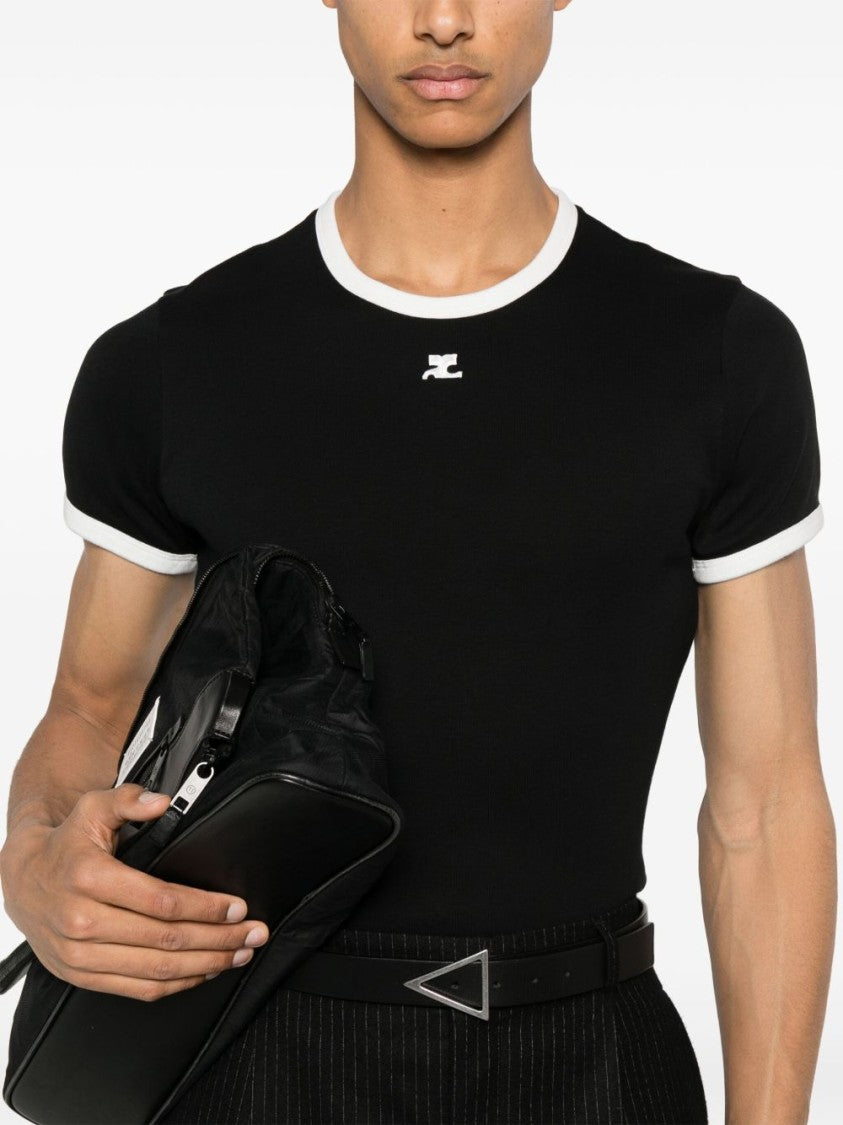 Courrèges Fitted Black T-Shirt With Contrasting White Trim