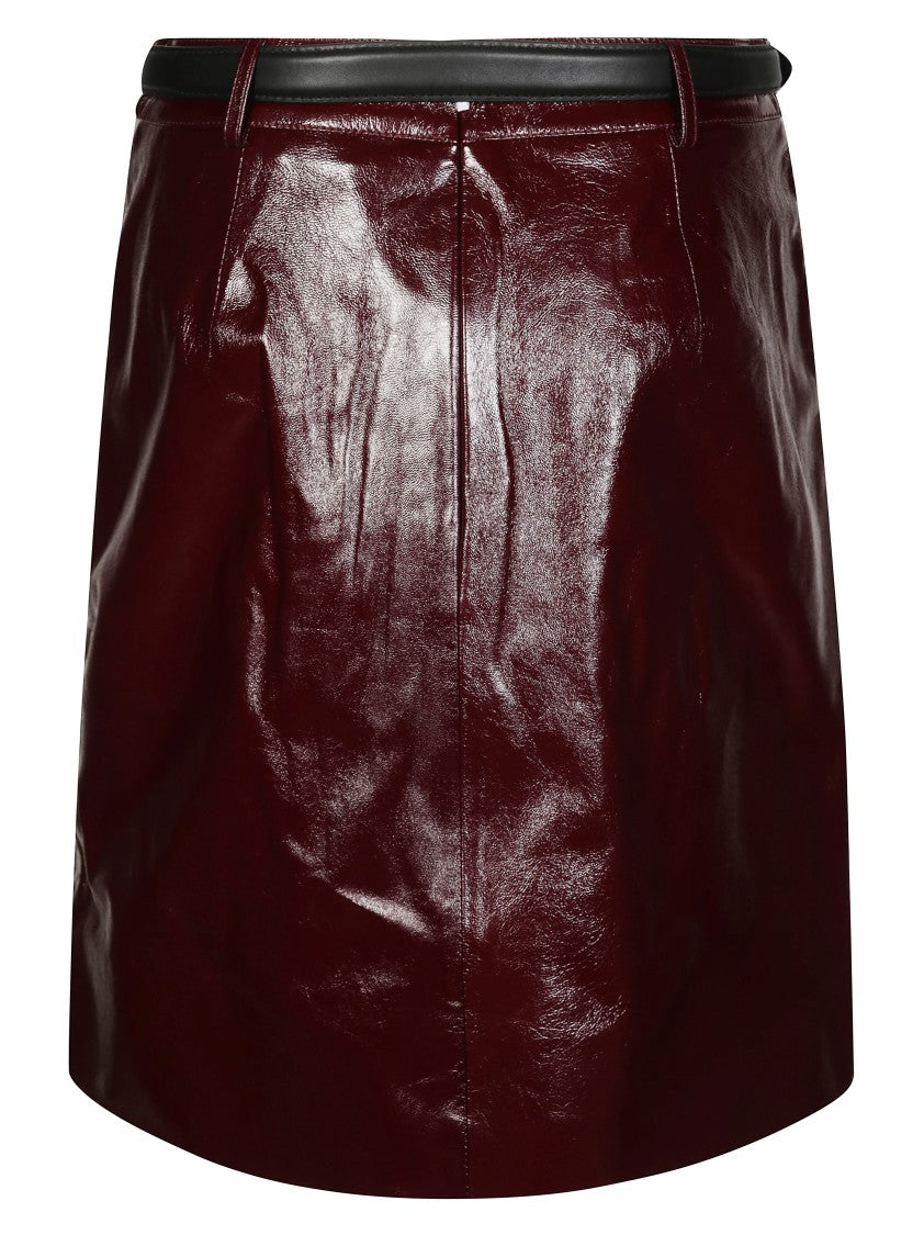 Self-Portrait Glossy Burgundy A-Line Leather Mini Skirt