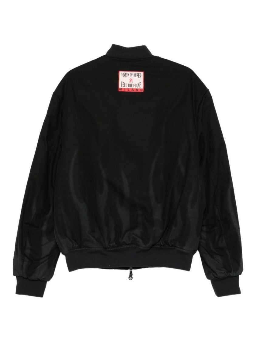 Vision Of Super Innovative Black Bomber Jacket With Flame Detailing
