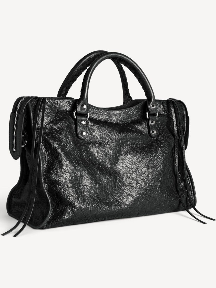 Balenciaga Textured Black Leather Shoulder Bag With Decorative Studs And Tassels