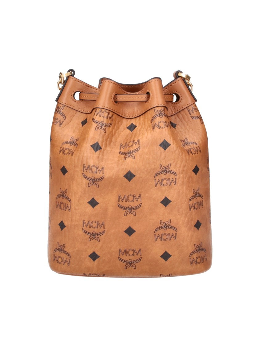 Mcm Brown Dessau Visetos Monogram Drawstring Bucket Bag