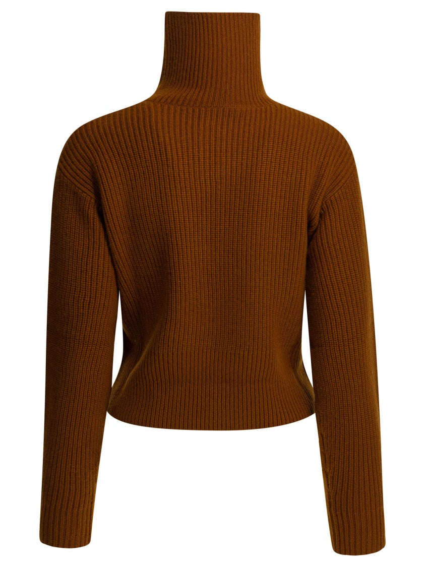 Max Mara Cropped Brown Knitwear With High Zip-Up Collar And Textured Pattern