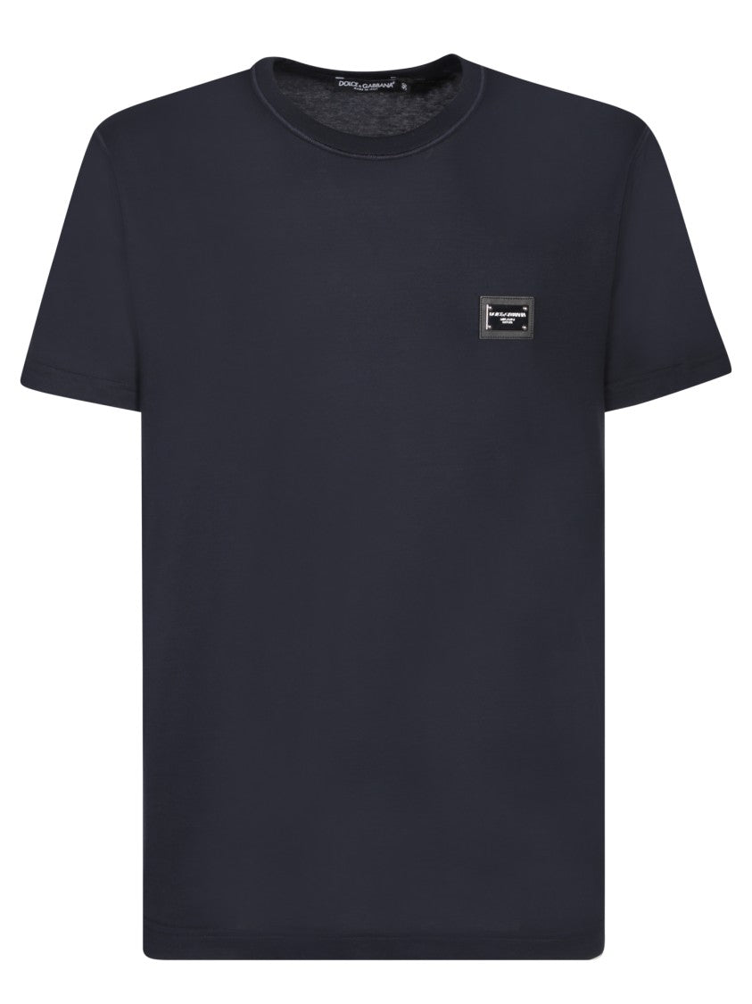 Dolce & Gabbana Blue Cotton T-Shirt With Silver Plaque Logo