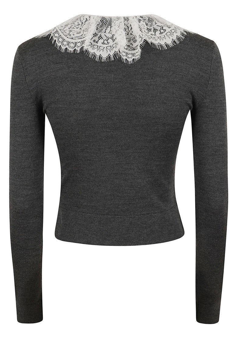 Self-Portrait Anthracite Grey Lace Collar Knit Cardigan With Jeweled Buttons