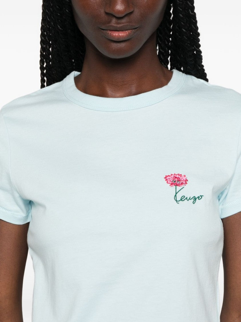 Kenzo Light Blue Flower Embroidery Crew Neck Top