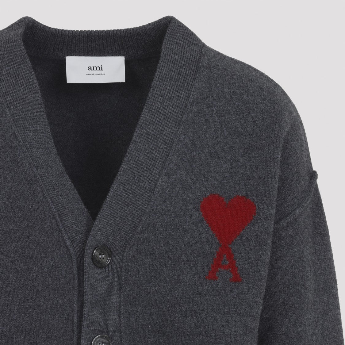 Ami Heather Grey Wool Cardigan With Embroidered Logo
