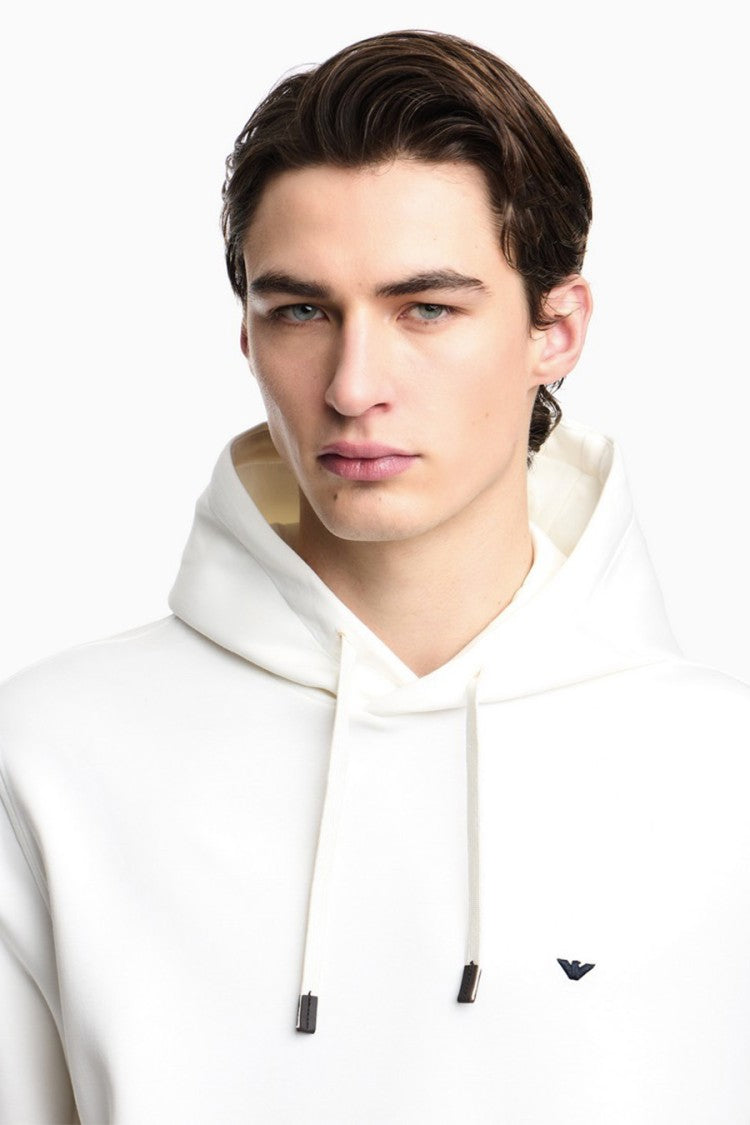 Emporio Armani White Cotton-Blend Drawstring Hoodie