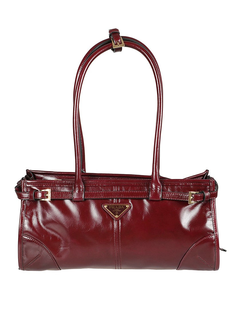 Prada Burgundy Glossy Leather Handbag With Geometric Design