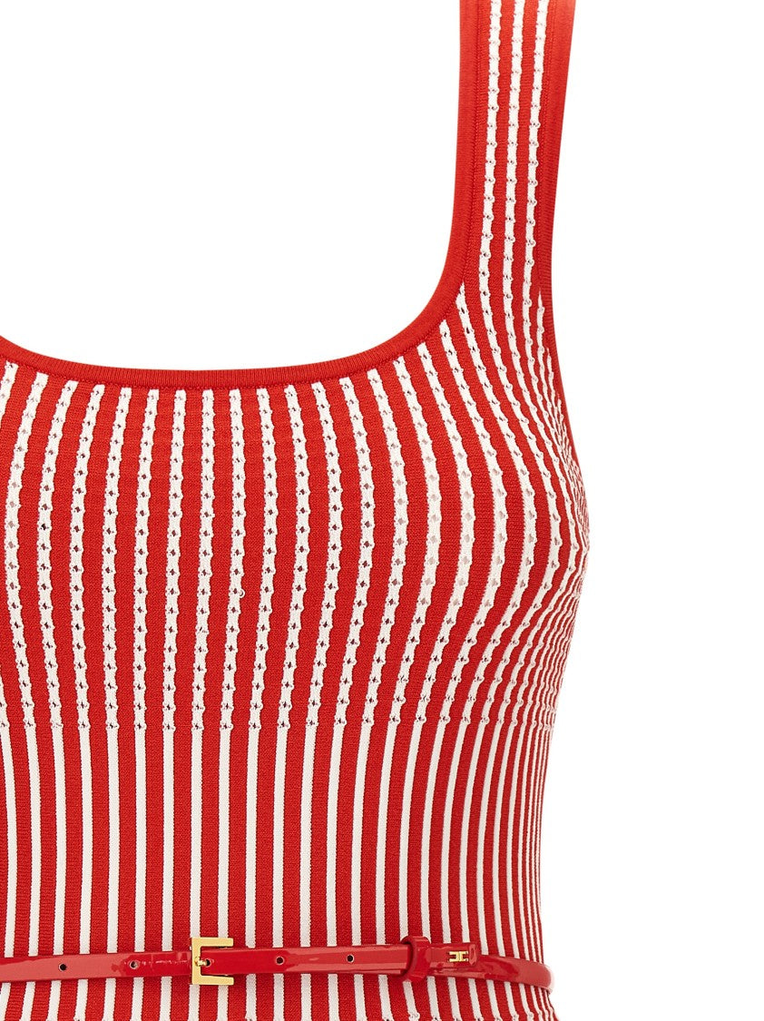 Elisabetta Franchi Striped Tricot Viscose Blend Top With Pleated Hem And Belt