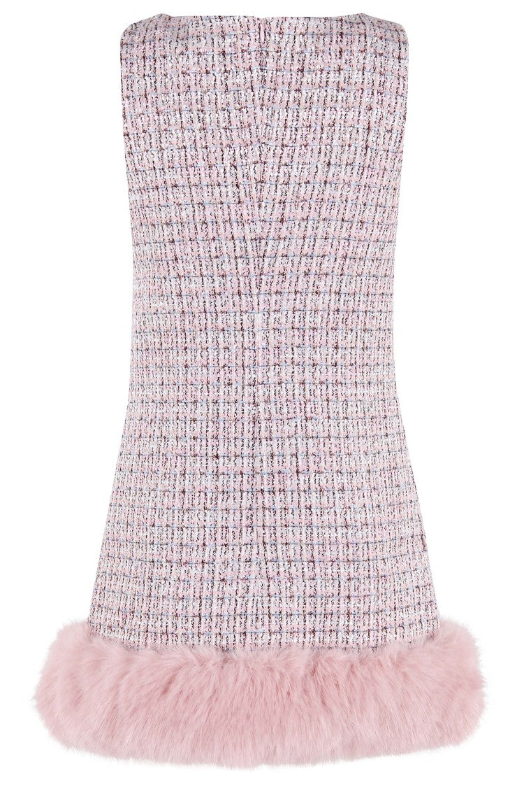 Self-Portrait Pink Boucle Fur Hem Mini Dress
