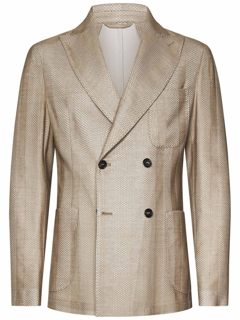 Handpicked Double-Breasted Blazer In Hazelnut Jacquard Cotton