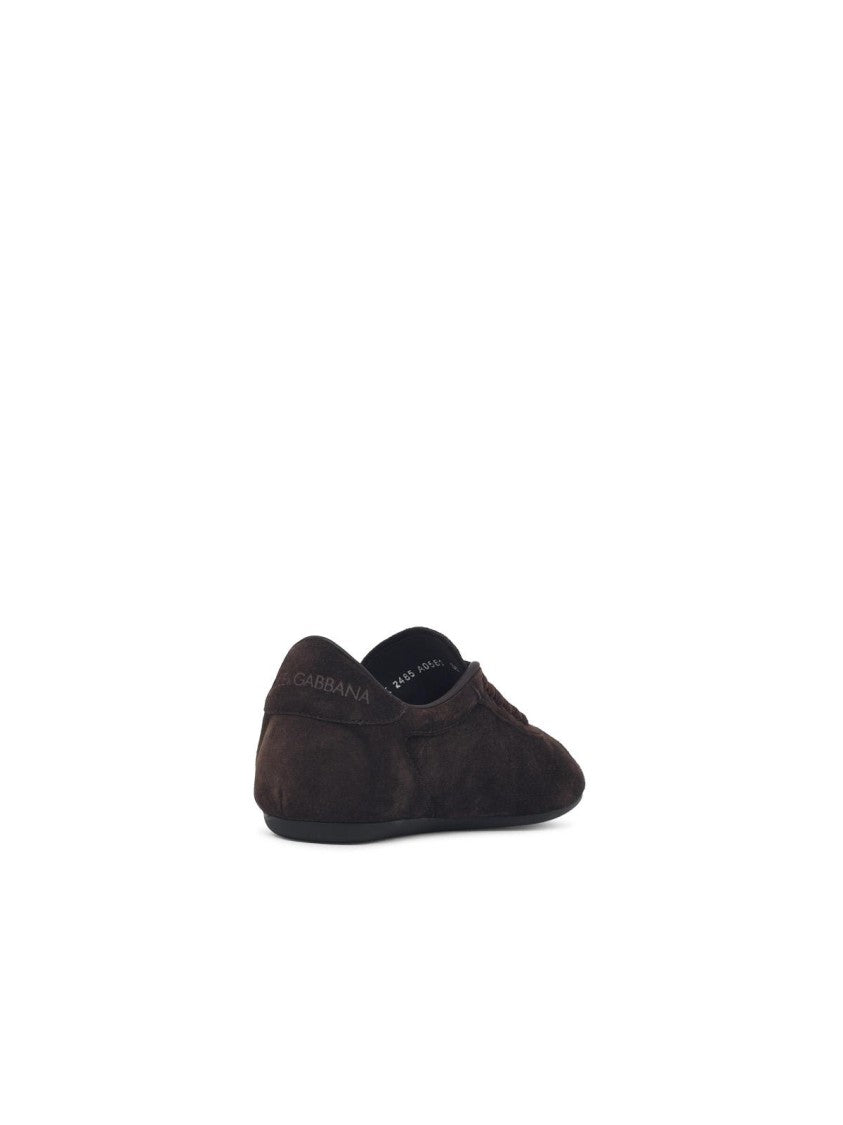 Dolce & Gabbana Brown Suede Sneakers With Embossed Logo And Metal Detail