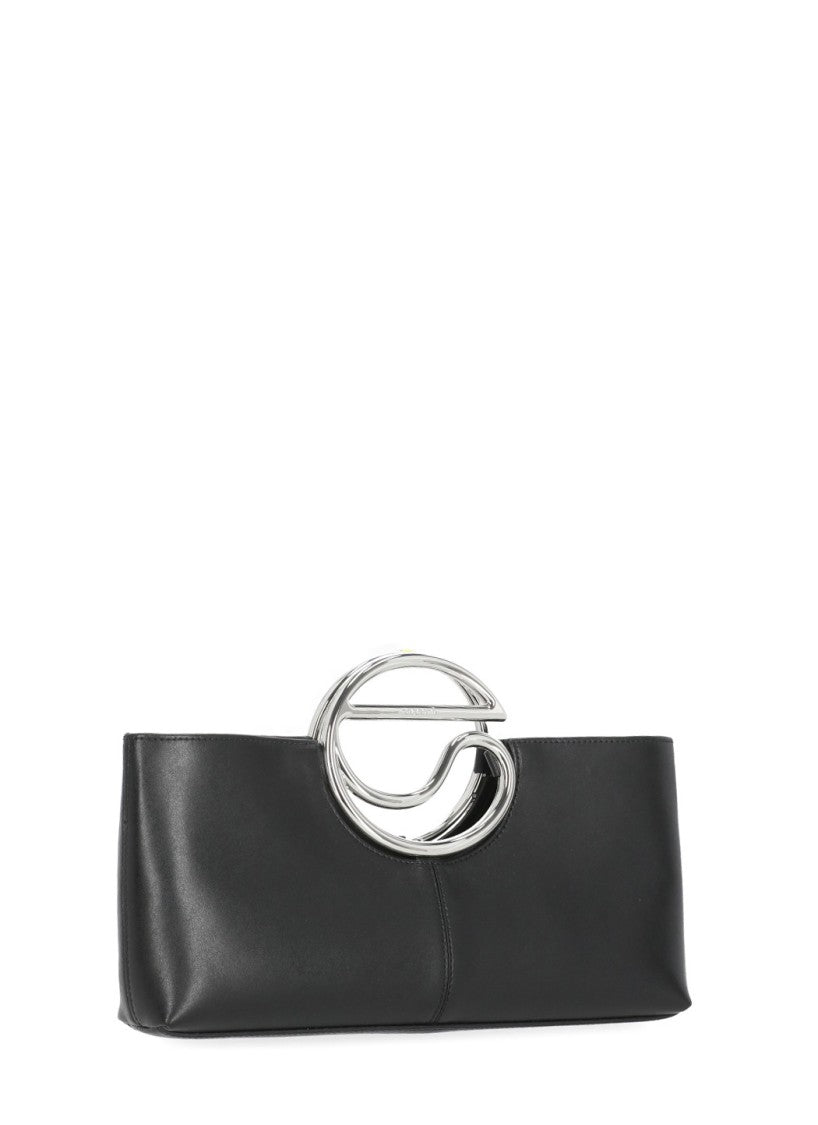 Coperni Rectangular Black Leather Clutch With Metal Logo Handle